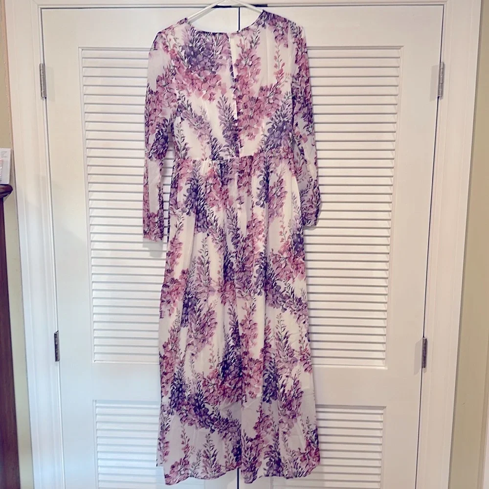 Floral Long Sleeve Maxi Dress & Scarf - Pink and Purple Chiffon - Picture 5 of 14
